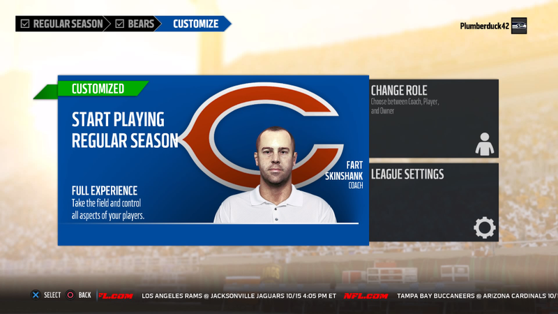 Thinking it was maybe just a problem with Owner mode, I even tried again as a coach; sadly, Chicago Bears leader Fart Skinshank fared no better. Screenshot: Madden NFL 18